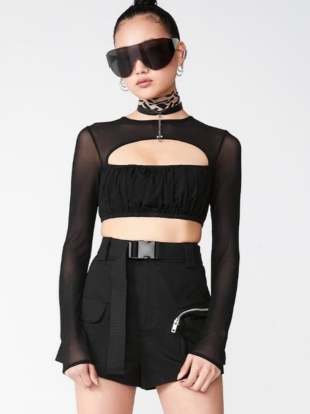I AM GIA Anya Black Mesh Open Cut Out Crop Top Shirt